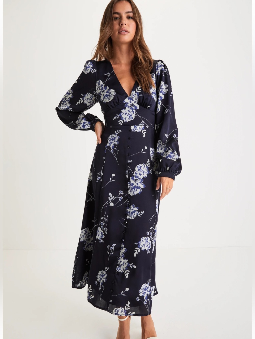 New Lulu's Beautiful Details Navy and White Floral Wrap Maxi Dress Sz XL